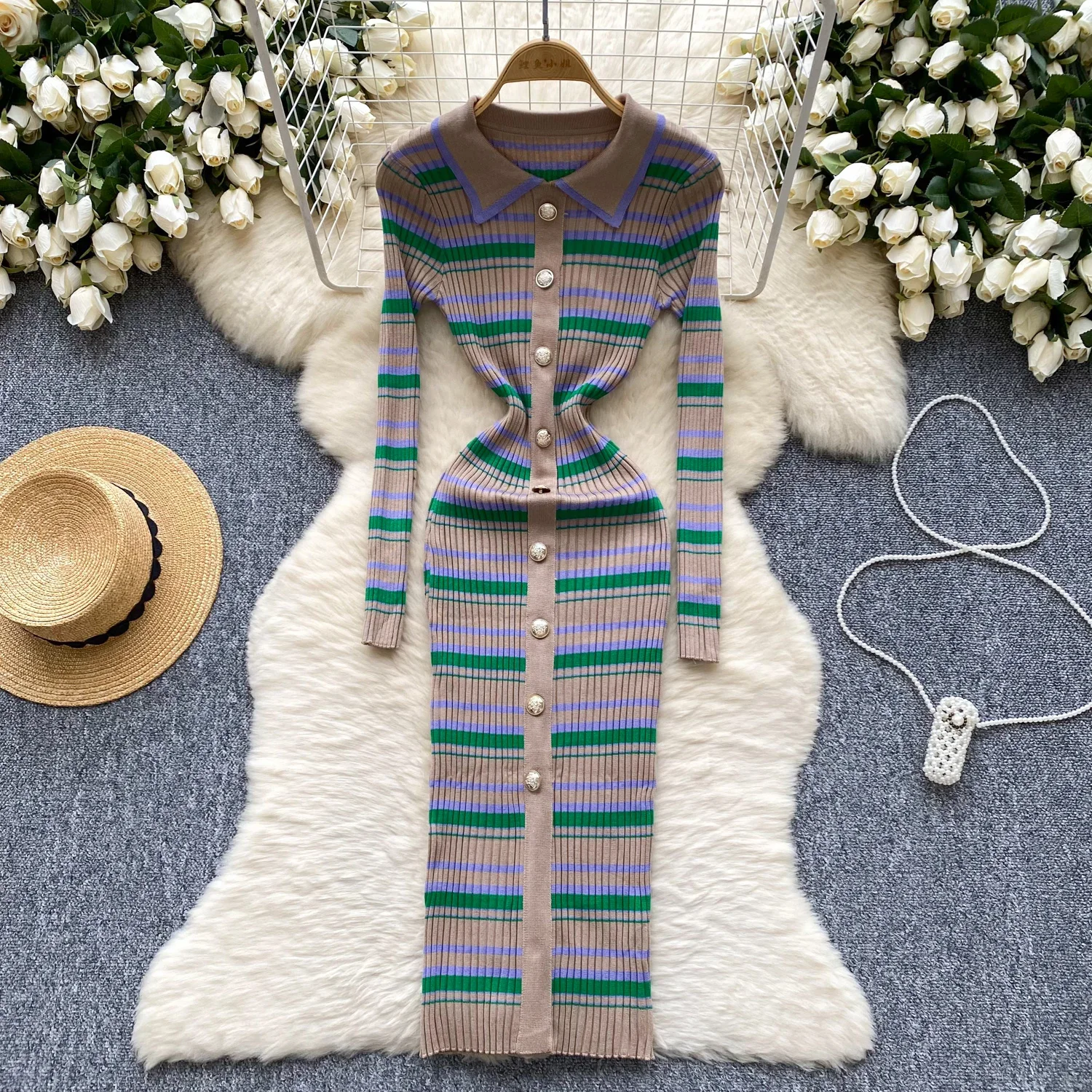 Vintage Turn-down Collar Elegant Long Sleeve Chic Striped Slim Single Breasted Knit Dresses High Street Autumn Winter Clothing