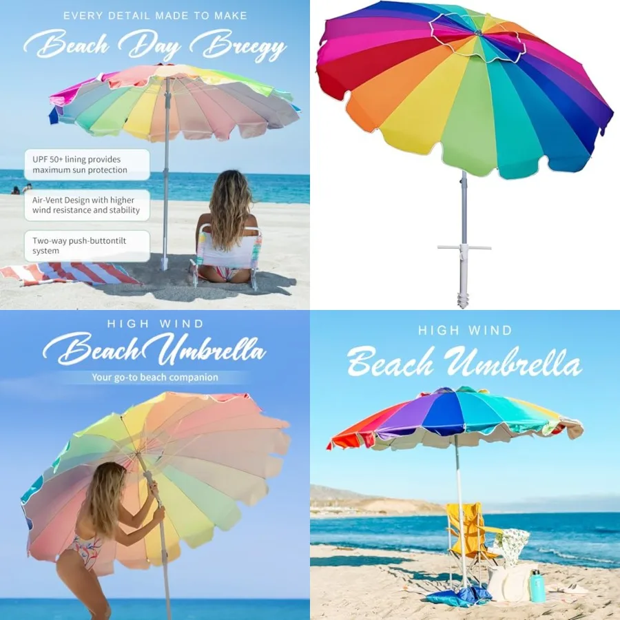 

7.5ft Large Heavy Duty HIGH Wind Beach Umbrella with sand anchor Tilt Sun Shelter, UPF 50+ Protection Outdoor Umbrellas Sunshad