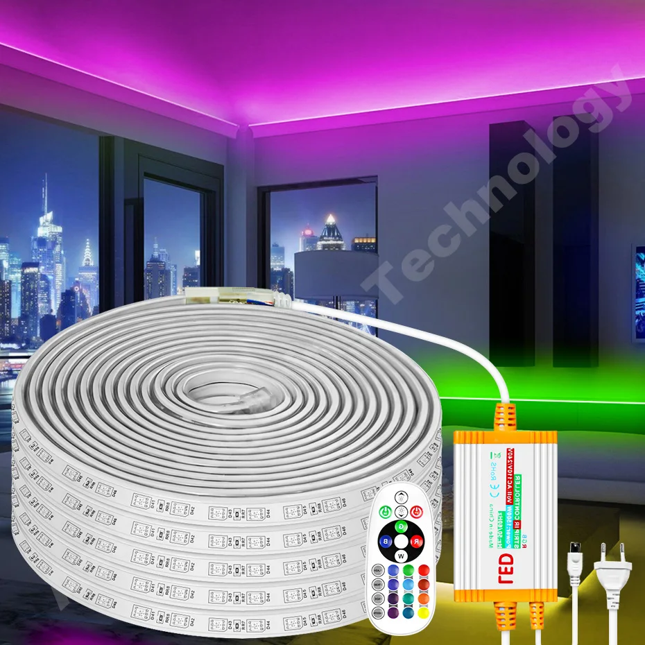 5050 RGB LED Strip Light 220V EU Power Plug Waterproof Flexible Tape 4Pin 1500W IR Remote Control Dimmable for Room Decor