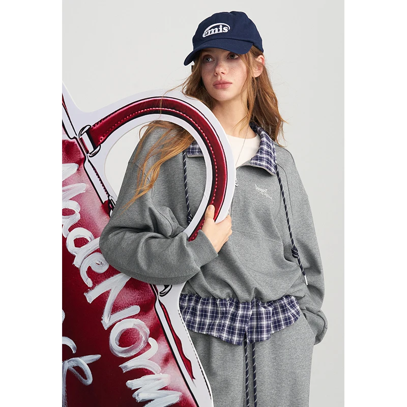 ELFSACK Women Y2K Two‑Piece Sweatset with Plaid Splicing, Half‑Zip Sweatshirt & Wide Leg Pants for Daily Casual Wear