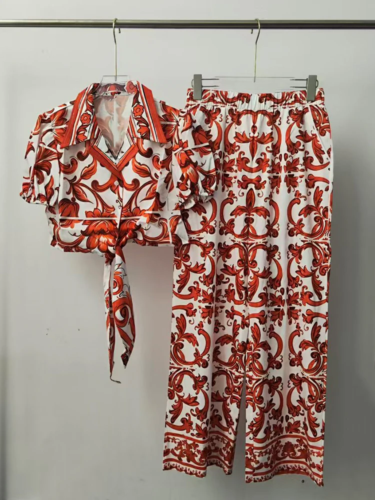 Designer Retro Geometric Print Short Shirt Two-piece Set 2026 Summer Women's Clothing + Loose Wide Leg Pants Fashion Set