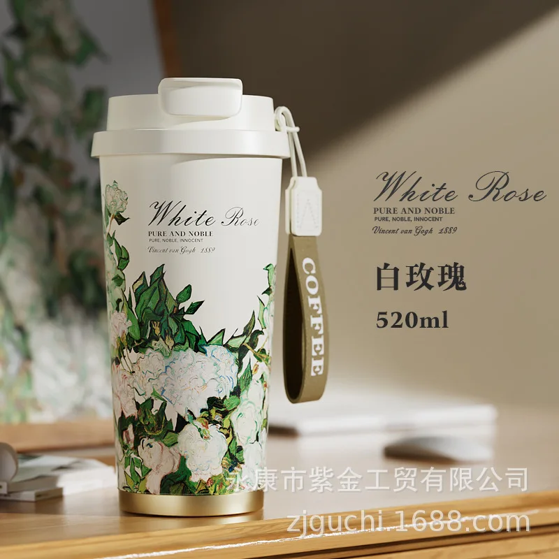 

2024 Hot Selling Stainless Steel Double Drink Cup Straw Good-Looking Floral Classic Portable Mugs Party Coffee Thermos Cup