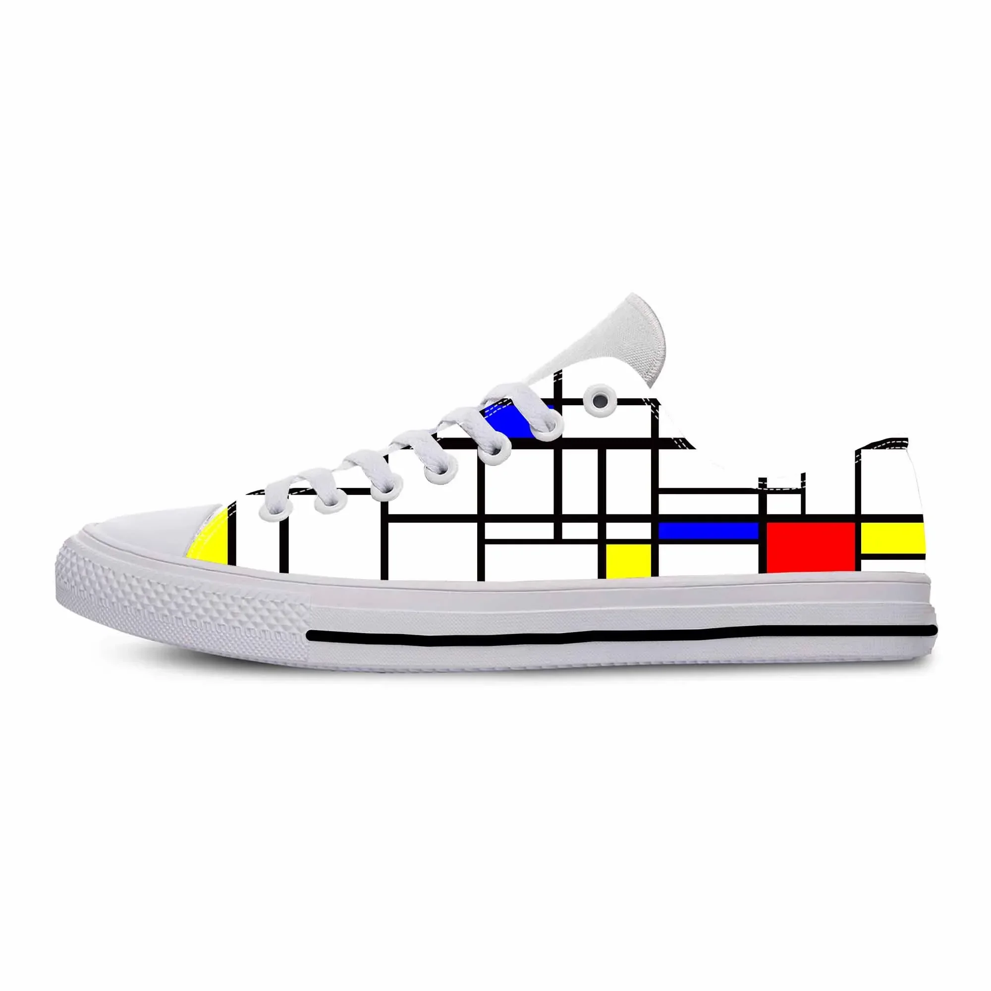 Piet Mondrian Abstrato Padrão Geométrico Pintura Casual Sapatos de Pano Baixo Top Confortável Respirável Impressão 3D Homens Mulheres Tênis