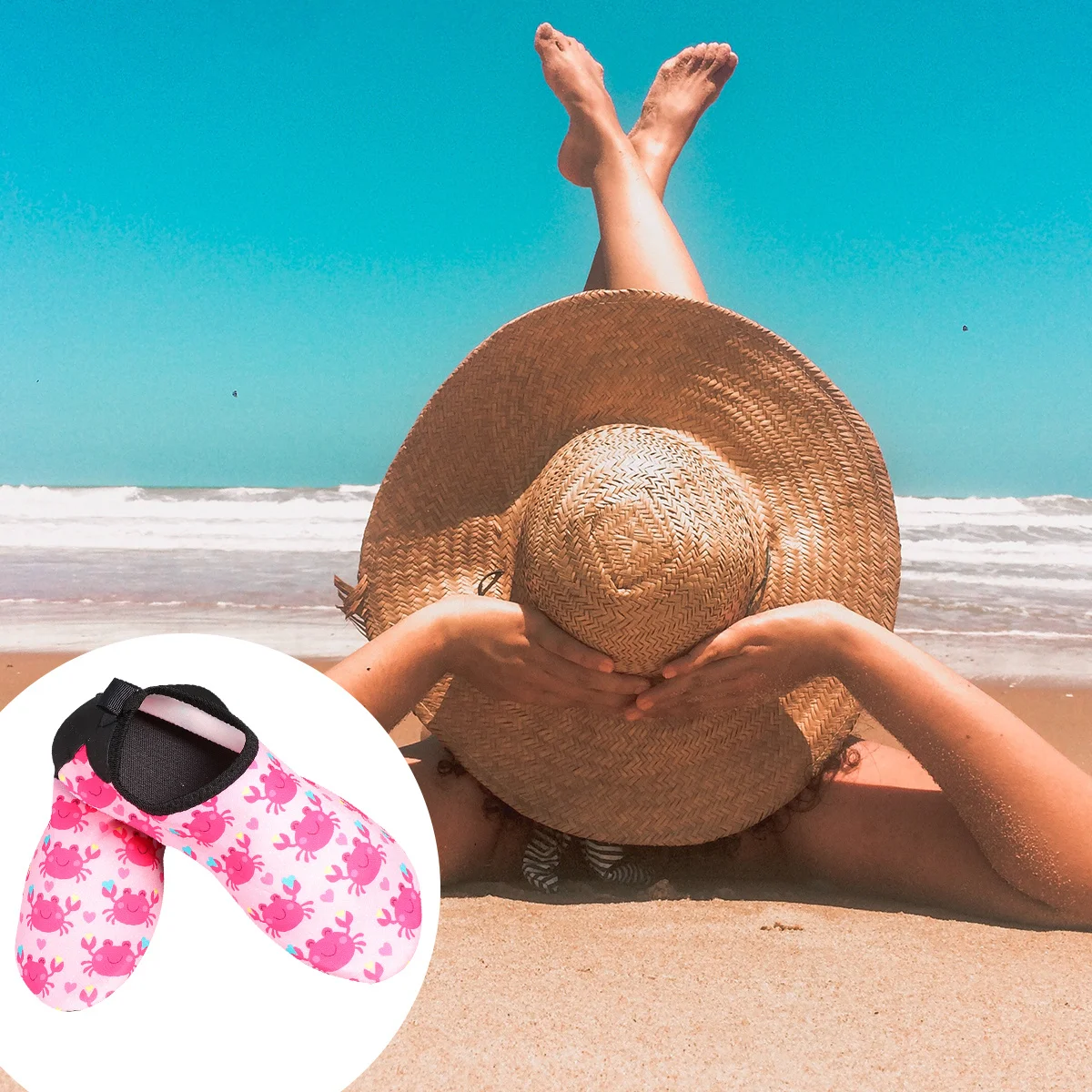 

1 пара противоскользящих туфель для воды, быстросохнущая дышащая детская пляжная обувь с розовым крабовым узором, размер 32-33, внутренняя длина 19 см