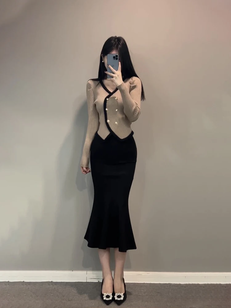 

Slim Fit Long Sleeve Knitted Open Cardigan Top Women's Fashionable Elegant Style Autumn Season Popular Set Skirt