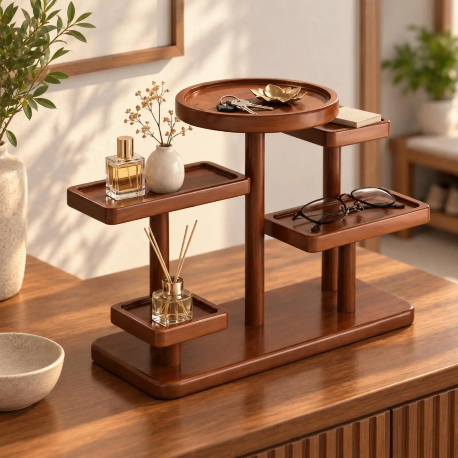 Wood Tabletop Storage Rack Wooden Small Item Storage Rack with Trays Tiered Tray Organizer Compact Entryway Drop Zone Organizer