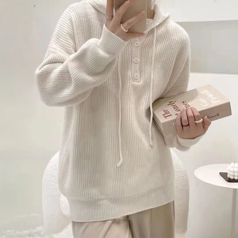 

Свитер с капюшоном для женщин, свободные пуговицы спереди, длинные рукава, вязаные пуловеры в рубчик, толстовка с капюшоном, осень-зима, повседневная шикарная одежда для девочек-подростков