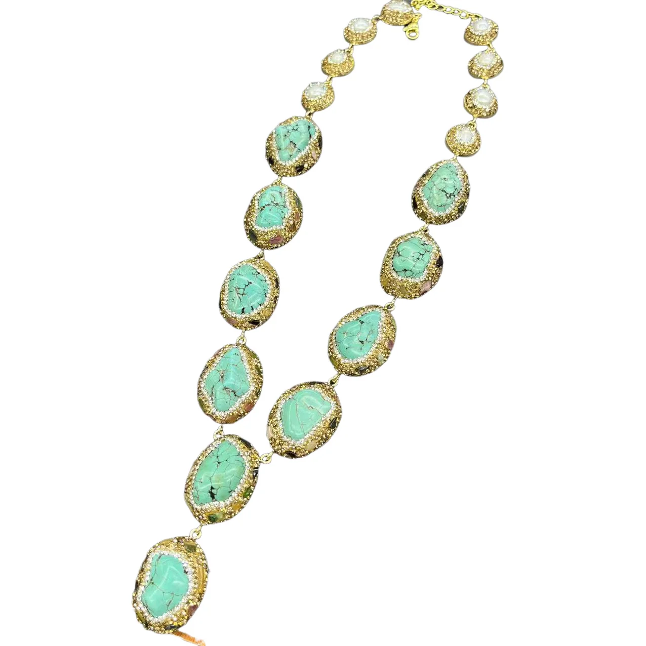 

Новый нерегулярный бирюзовый набор ожерелья, серег, браслета, кольца со стразами и жемчугом, инкрустированные модными украшениями, комплект из четырех предметов для вечеринки