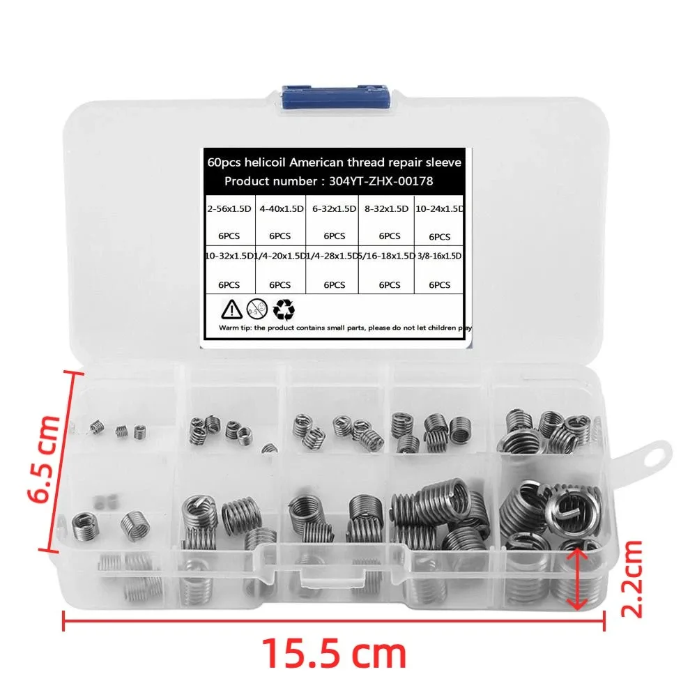 60Pcs 304 Stainless Steel Thread Repair Insert Kit Steel Sheath Helicoil Set / Helicoil Type Insert