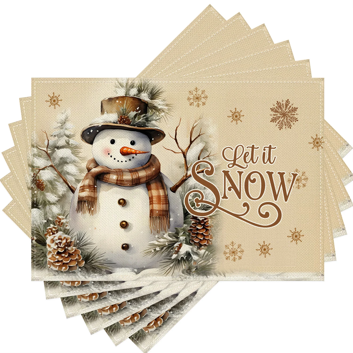 Snowman Pine Tree Pine Cone Golden Snowflake Christmas Placemats Suitable for Kitchen Dining Table Holiday Party Decoration