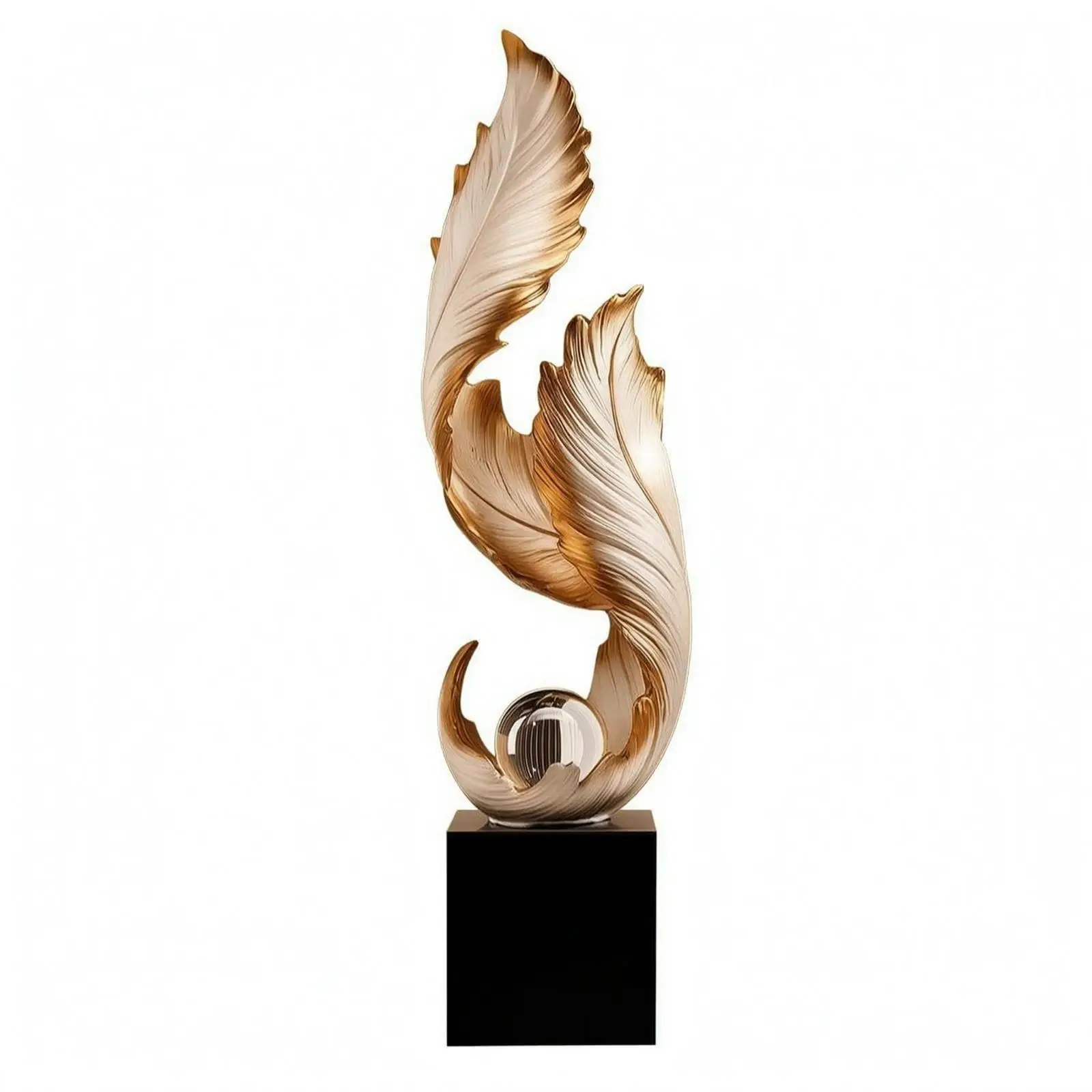 Golden feather statue, multi-layered floor decoration, standing ornament,
