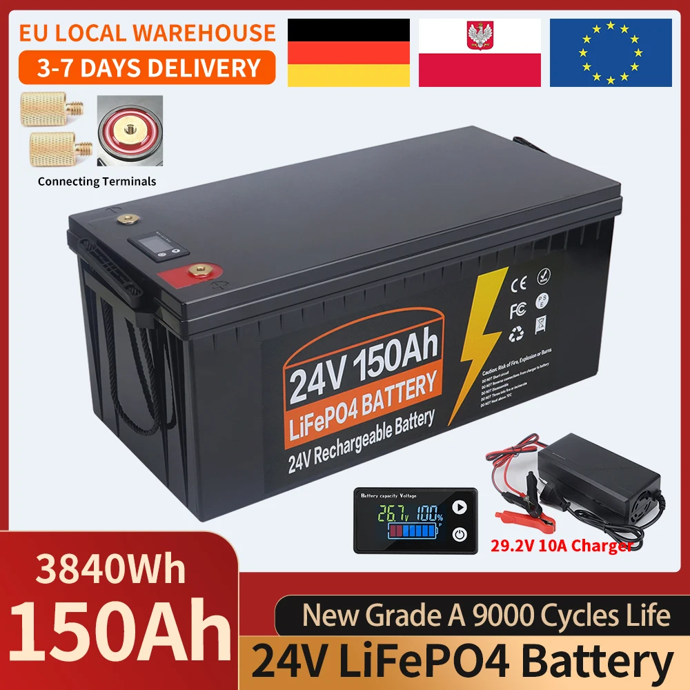 12V 24V 350Ah 200Ah 150Ah 100AH LiFePO4 Lithium-Eisenphosphat-Batterie mit integriertem BMS, 9000 Zyklen, für Golfwagen, Solaranlagen, Wohnmobile, EU-Lagerbestand