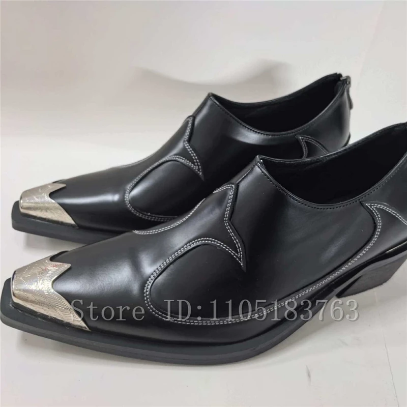 Men and Women Retro Western Cowboy Shoes Black Metal Square Toe Embroidery Stitching Block Heel Back Zipper Punk Derby Shoes