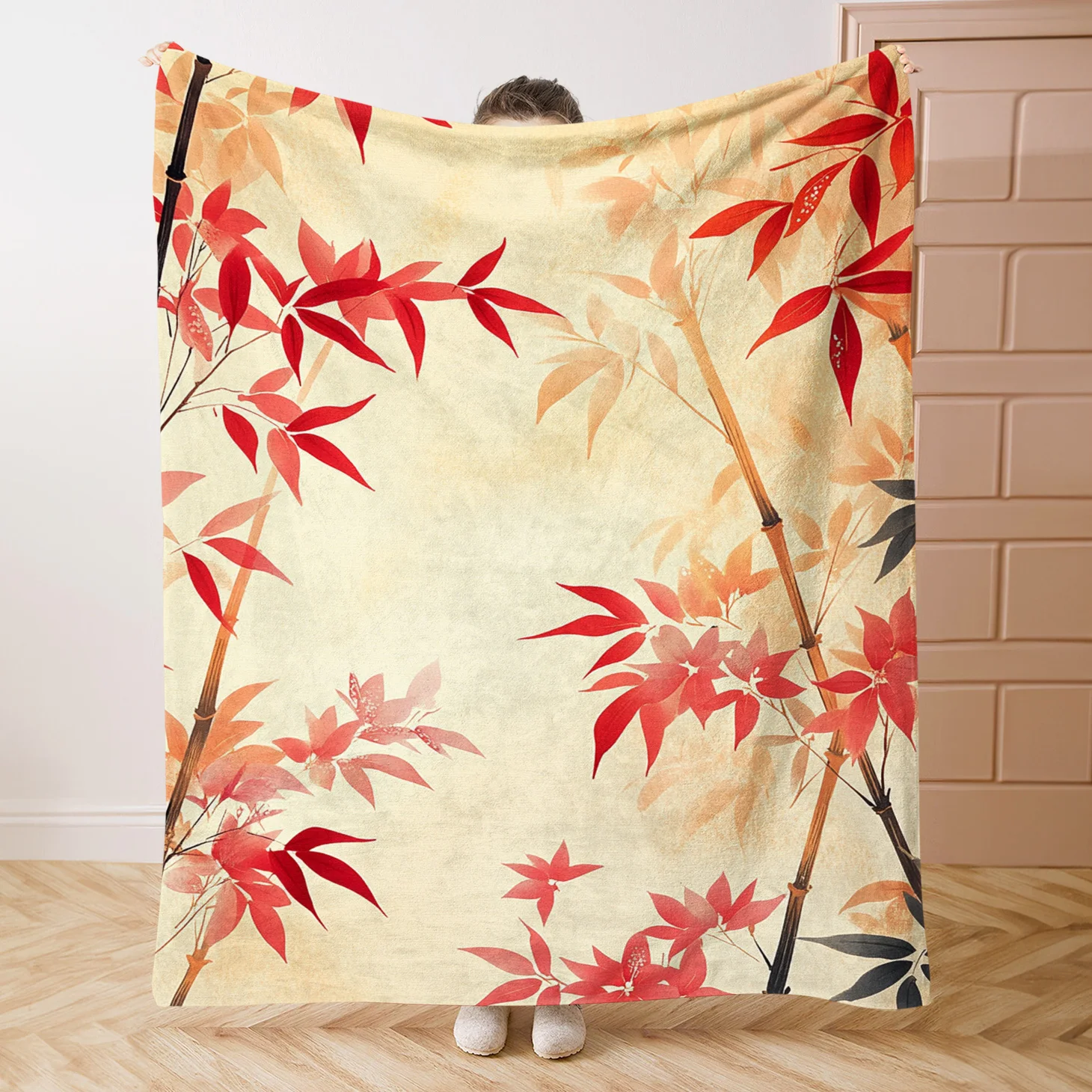 1pc Red bamboo leaf pattern blanket, polyester fabric, machine washable, suitable for use in bedrooms, living rooms, and sofas.