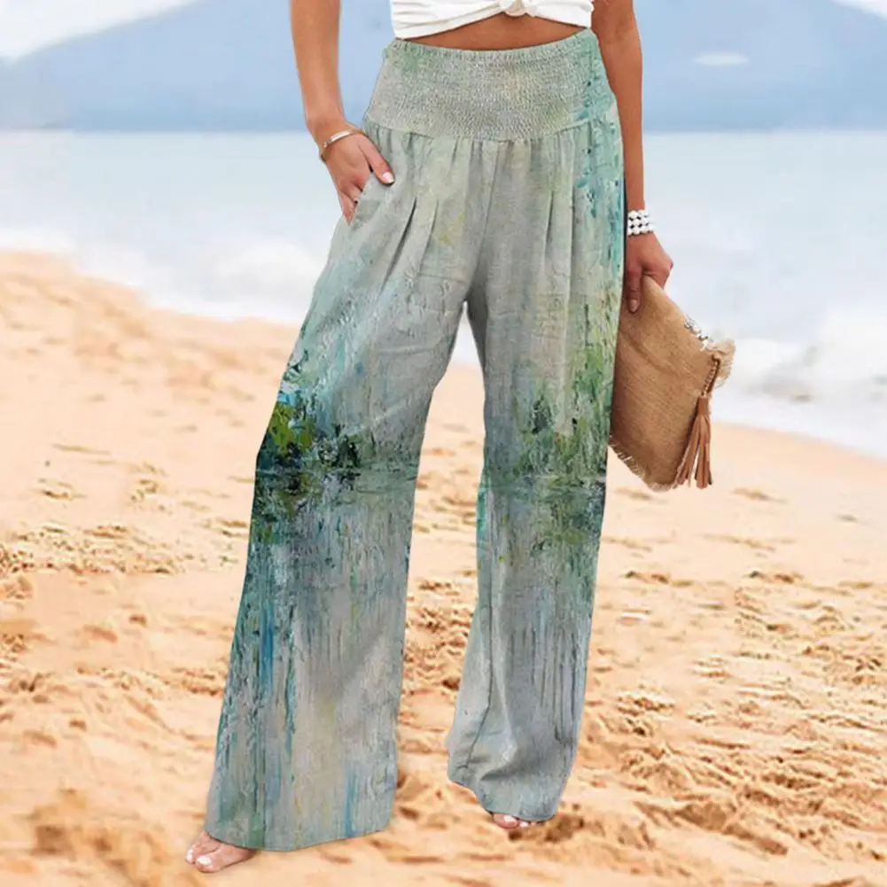 Vacation Work Pants Stylish Women's Wide Leg Pants with Elastic Waist Pockets Tie Dye Print Casual Trousers for Spring Summer