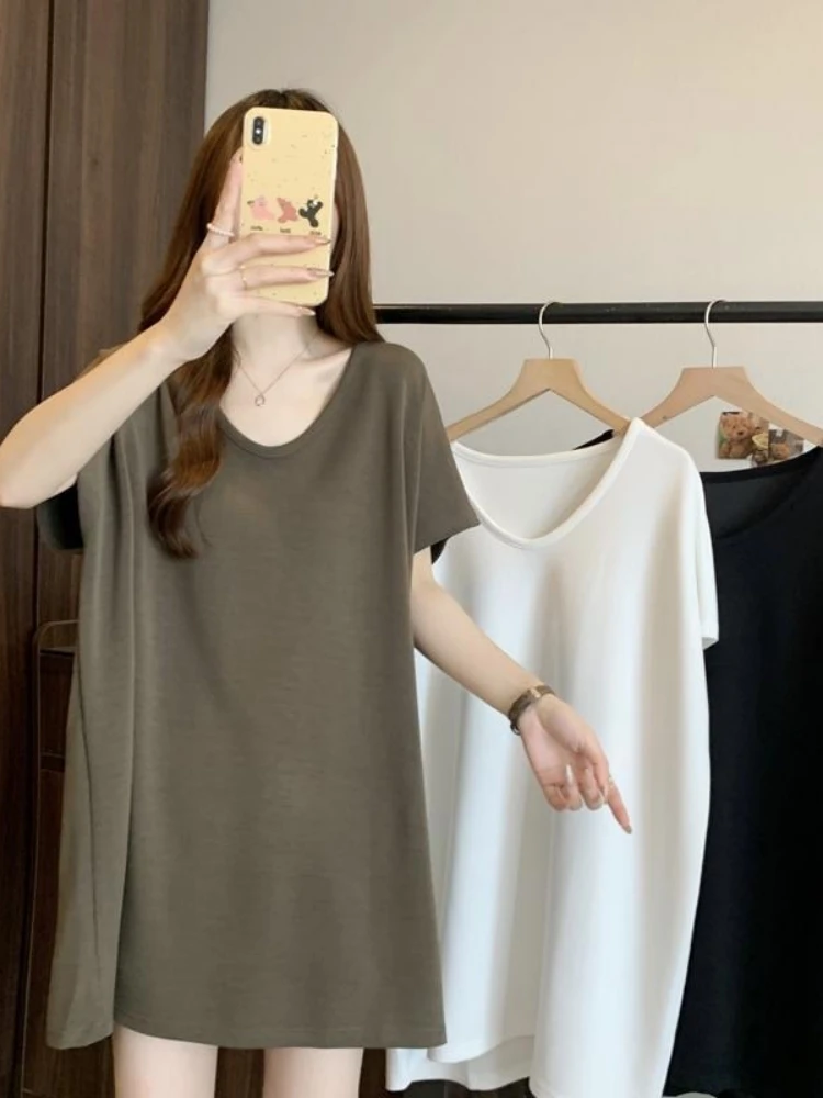 Women's Mid-Length Short-Sleeve T-Shirt Summer Fashion Loose Casual Slimming plus Size Versatile  Color Butt Covering Top
