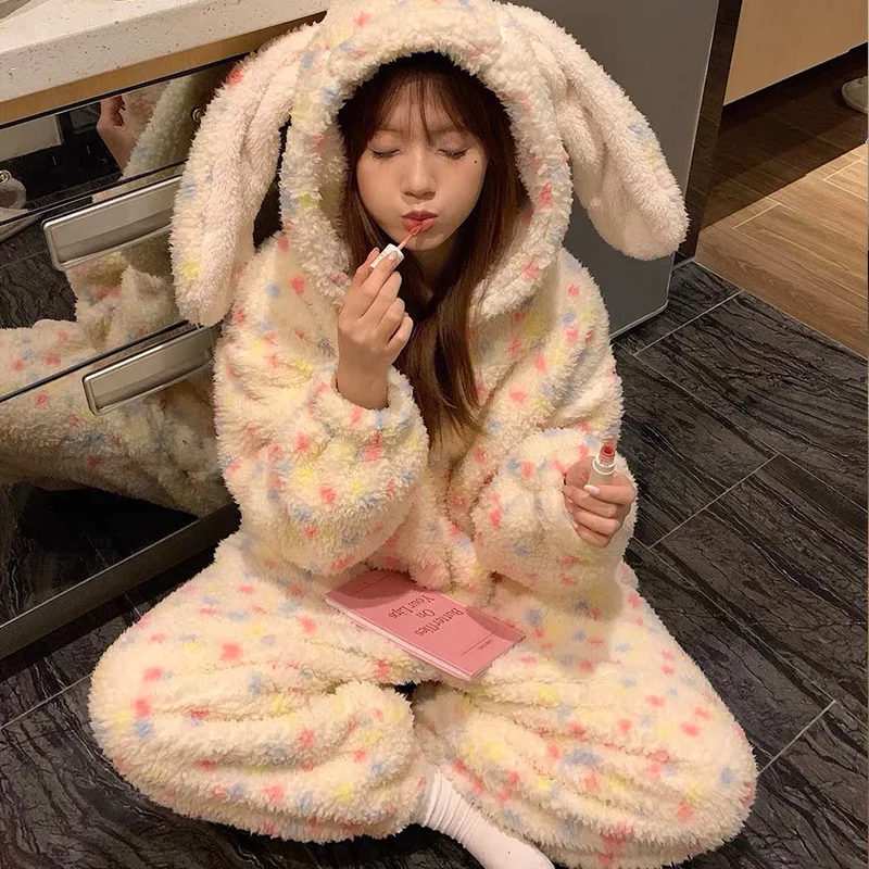 

Rabbit Ears Onesie Pajamas Girl's Coral Fleece Thickened Sweet Hooded Nightgown Women's Homewear Long Sleeve Homeclothes Winter