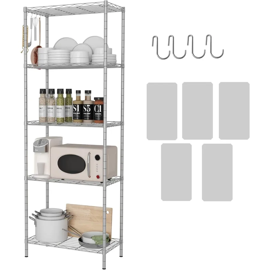 

5Shelving Unit Adjustable Wire Shelving Metal Wire Shelf with Shelf Liners and Hooks for Kitchen Closet Bathroom Laundry Sliver