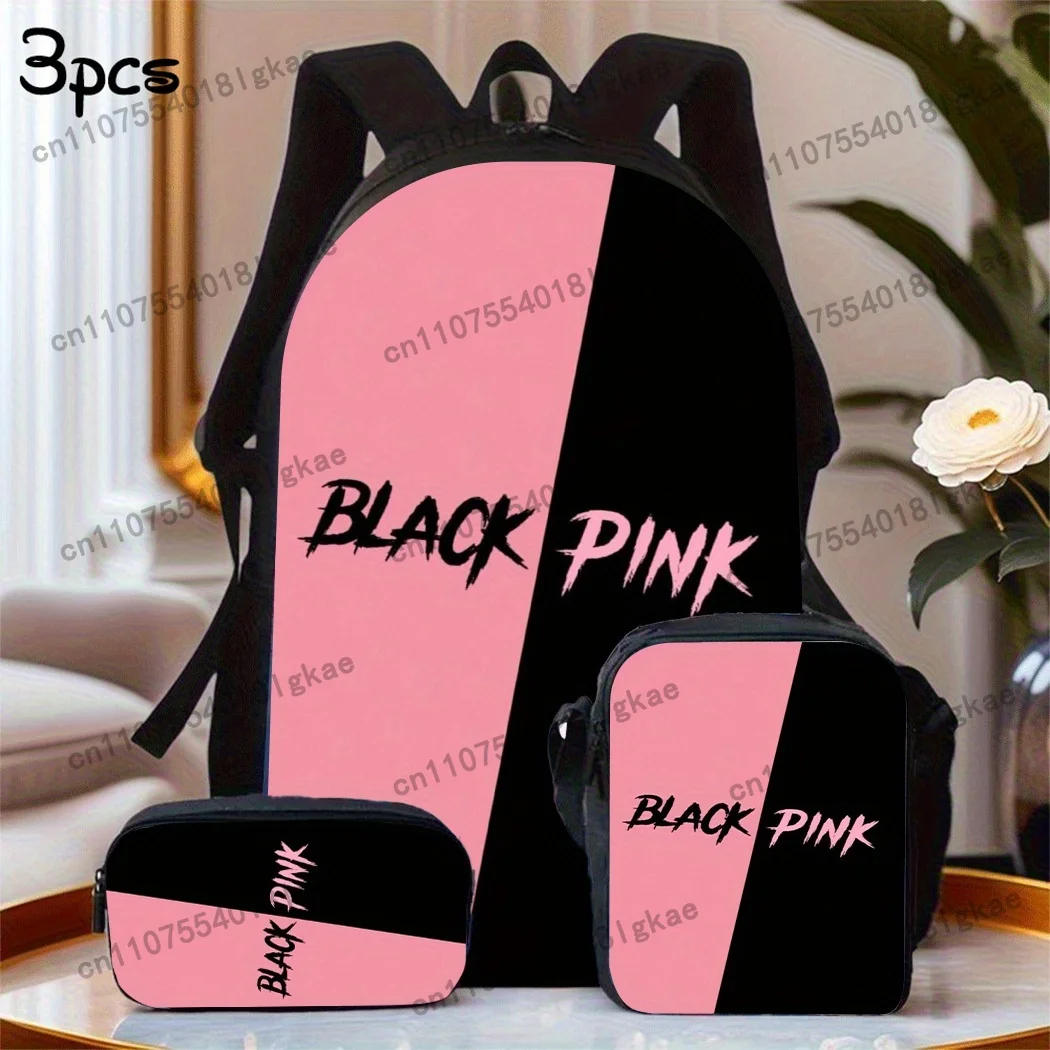 3pcs Summer Essential KPOP Backpack Set includes a large-capacity backpack, a pencil case, and a zippered crossbody bag with adj