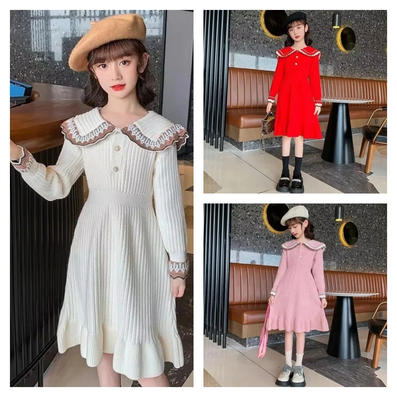 

Hot Kawaii Girl Fashion Dress Student Autumn Winter Casual Knitwear Sweater Long Sleeves Tops Knitted Skirt Children's Clothing