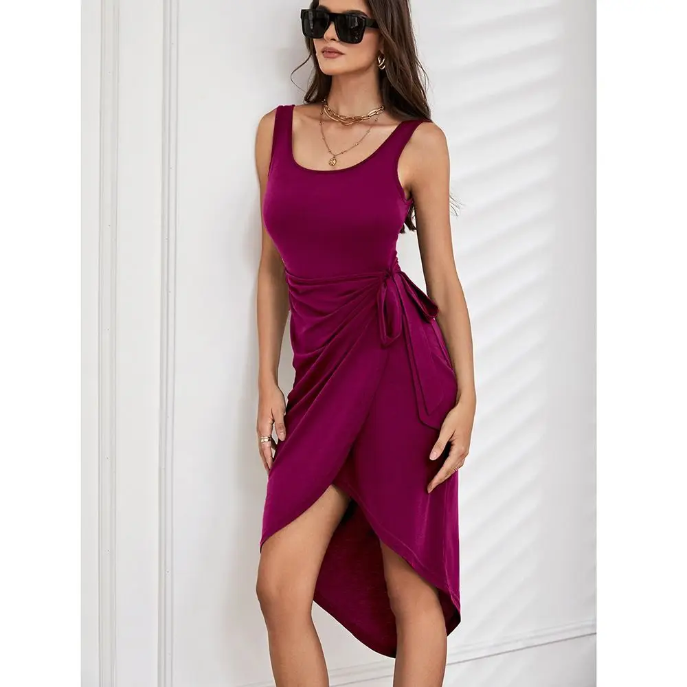 Knee Length Solid Tie Side Ruched Dress Sleeveless Scoop Neck Semi Formal Dress High Split Tie Waist Cocktail Midi Dresses Beach