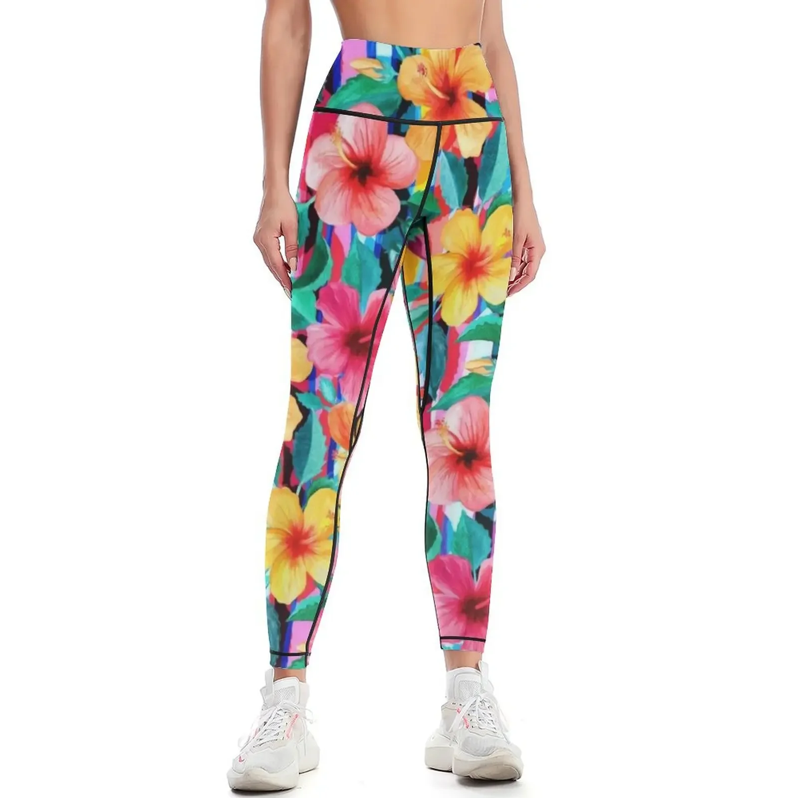 

OTT Maximalist Hawaiian Hibiscus Floral with Stripes Leggings sports for push up gym pants Womens Leggings