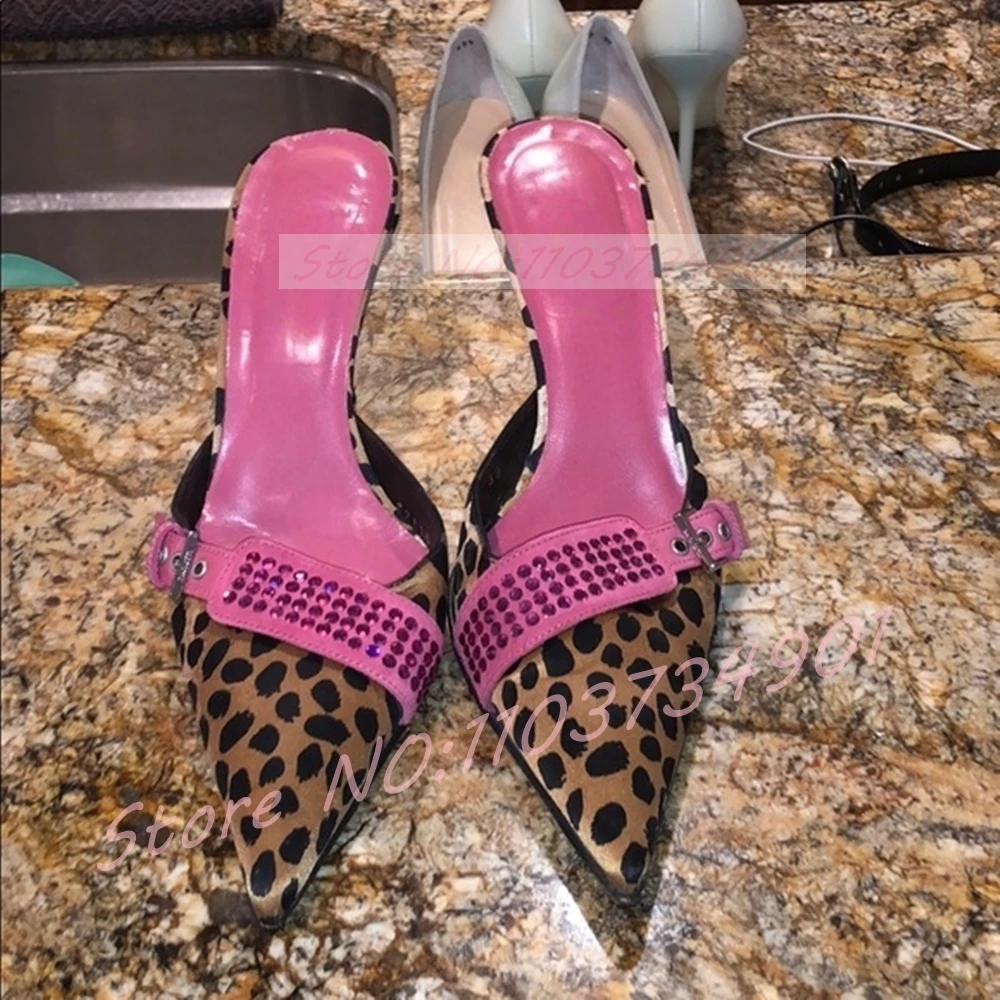 Leopard Crystals Buckle Strap Slippers Women Outside Closed Toe Two-tone High Heels Shoes Female Nifty Party Slip-on Slippers