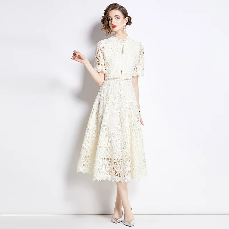 

Vestidos Celebrity Elegant Short-Sleeved Round Neck Modification Mesh Yarn Ln The Long Section Word Water-Soluble Lace Dresses