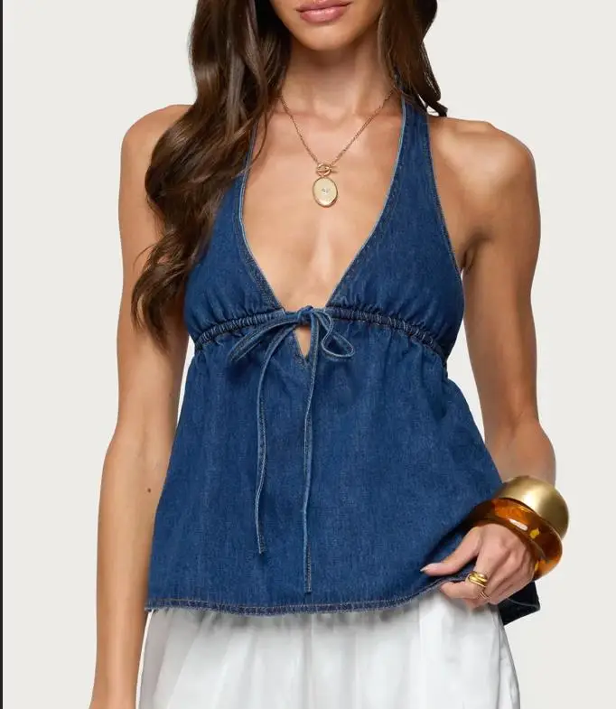 سترة نسائية من قماش الدنيم سترة قصيرة بنمط رسن أزرق تتميز برقبة على شكل حرف V عميقة وربطة أمامية قابلة للتعديل بدون أكمام وخصر خفيف الوزن #1