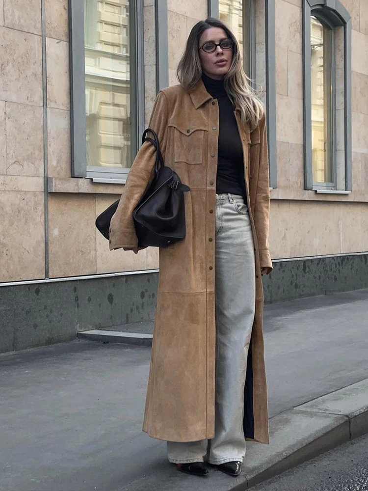 Fashion Solid Wildleder Mantel Frauen Elegante Revers Langen Ärmeln Taschen Lose einreiher Mantel Herbst Dame Pendeln Outwear