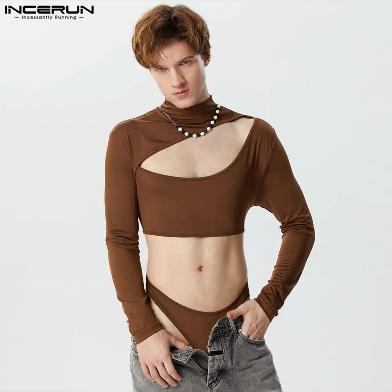 INCERUN 2024 Sexy Homewear Men Fashionable Hollow Cross Design Jumpsuits Casual Solid Well Fitting Long Sleeved Bodysuits S-3XL