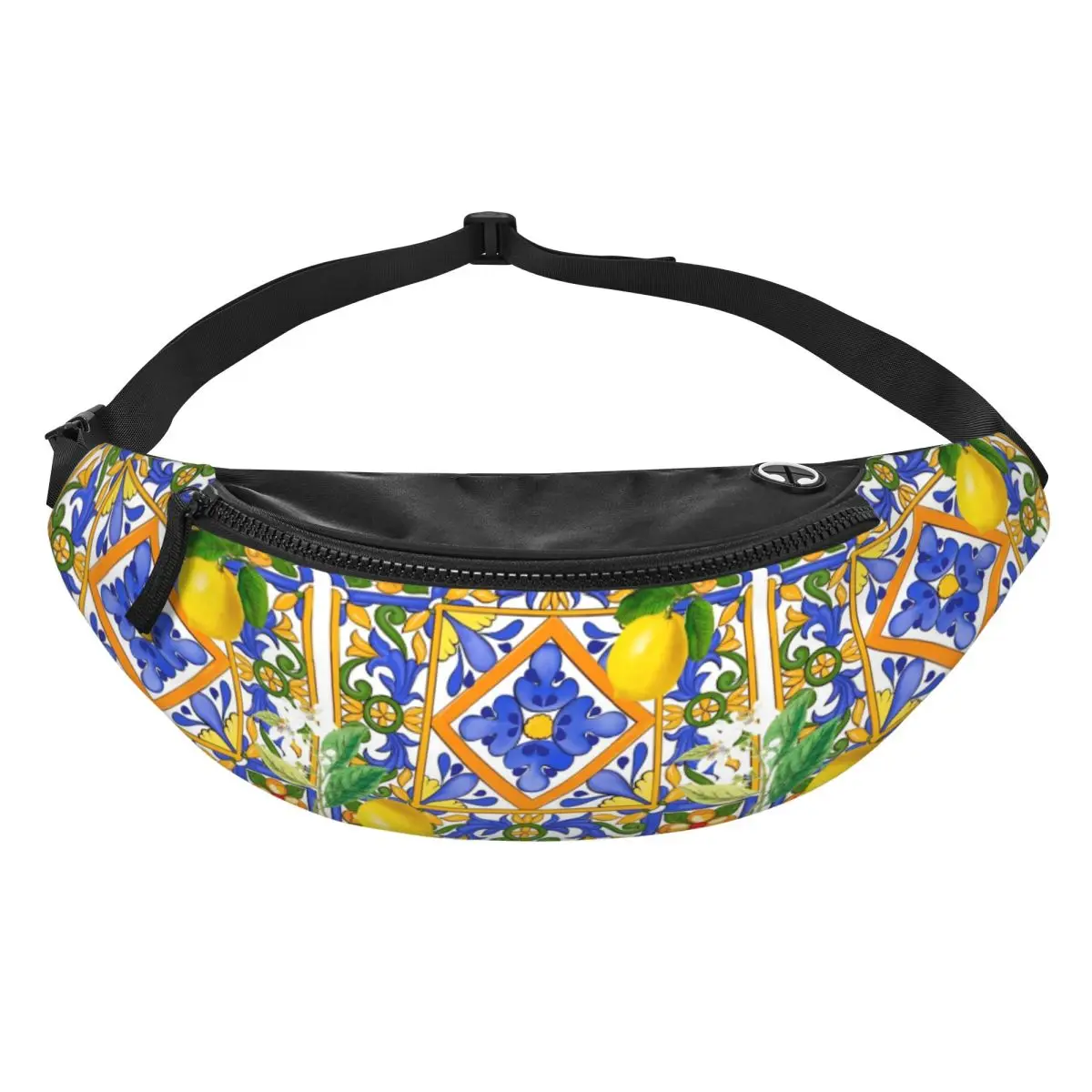 Custom Mediterranean Summer Lemons Sicilian Tiles Fanny Pack for Women Men Crossbody Waist Bag Travel Hiking Phone Money Pouch