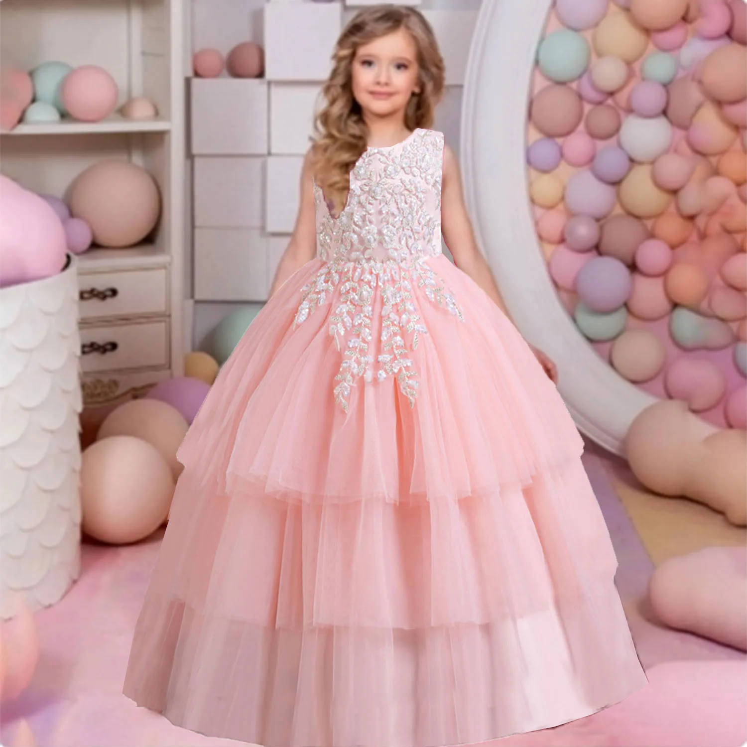 

Grace Stylish Toddler Little Big Girls Dmandi Appliqued Flower Girl Birthday Party Graduation Ceremony Pageant Long Gown