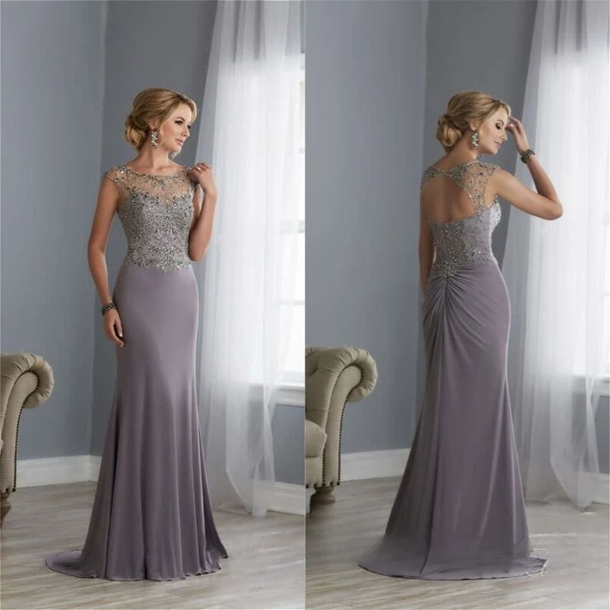 Vestido de Madrina de Sirena Personalizado con Cuello Cap de Ilusión, Pedrería y Cuentas, de Gasa Elástica, para Invitadas a Bodas Formales