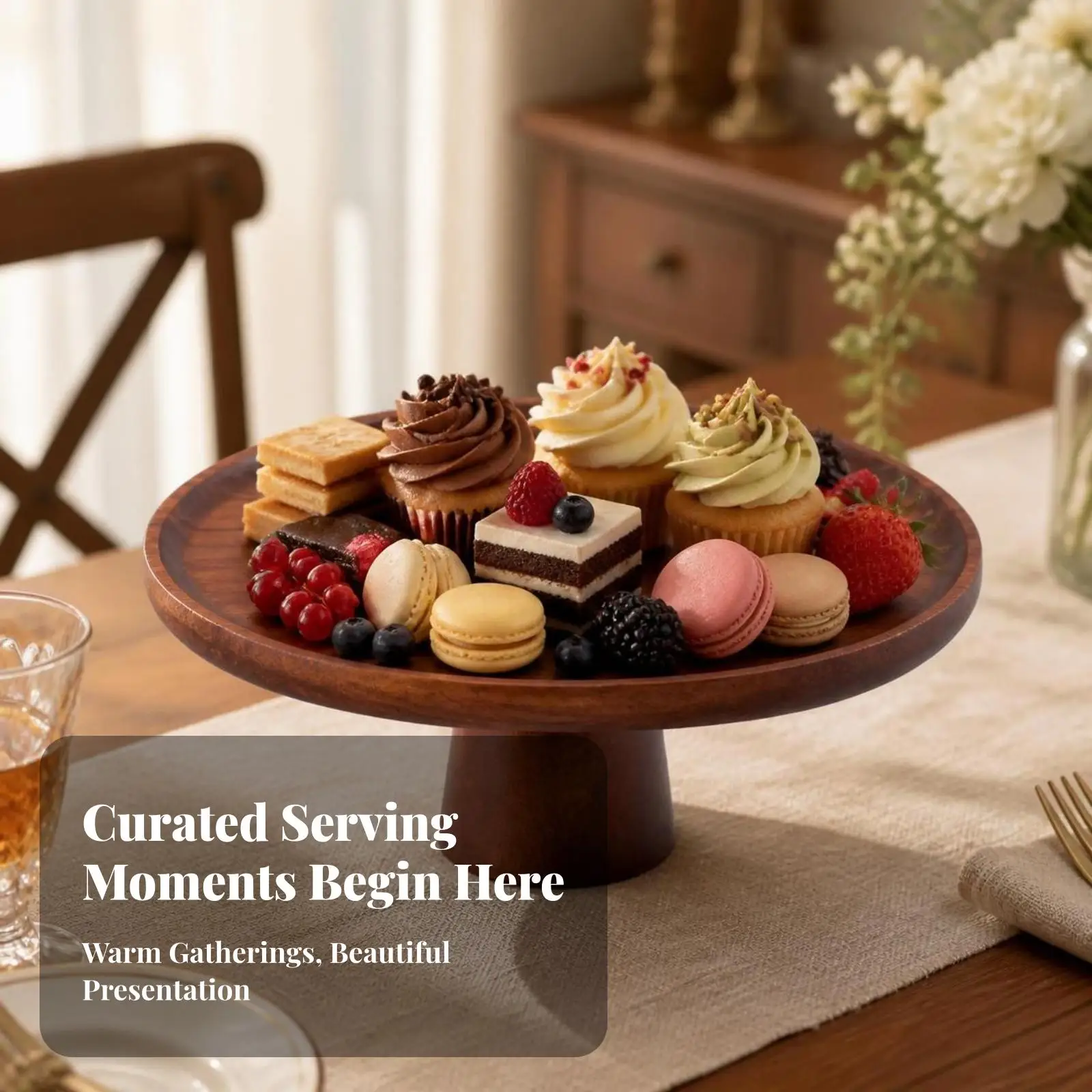 Wooden Cake Display Tray with Sturdy Base for Showcasing Sweets Pastries and Decorative Centerpiece