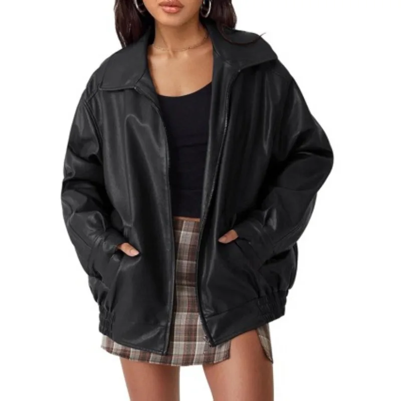 

European American Leather Jacket Motorcycly-style Top Silhouette Lapel Elastic Hem Zipper PU Leather Jacket Drop Coat Fashion