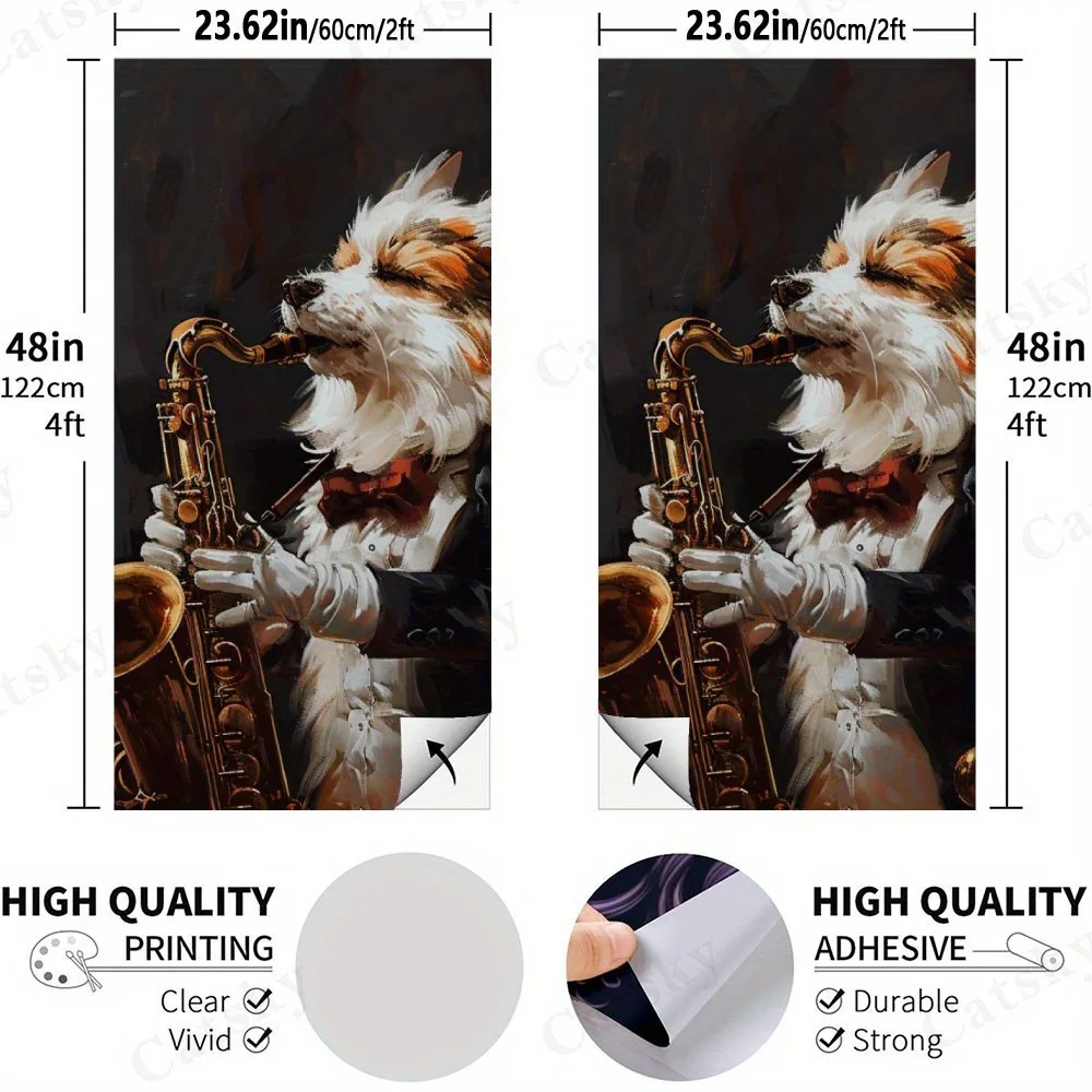 كلب مع الساكسفون، فن الحيوانات الأليفة الأنيق، ديكور الموسيقى، قيمة عالية! ملصقات رمل من الفينيل المسطح ثنائية الأبعاد - خالية من الفقاعات، سهلة الاستخدام، وات #2