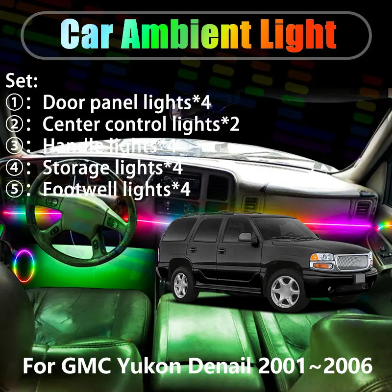 

For GMC Yukon Denail 2001~2006 2002 2003 2/18 in 1 Car ambient lighting Led trunk interior led lights USB RGB Ensemble Streamer