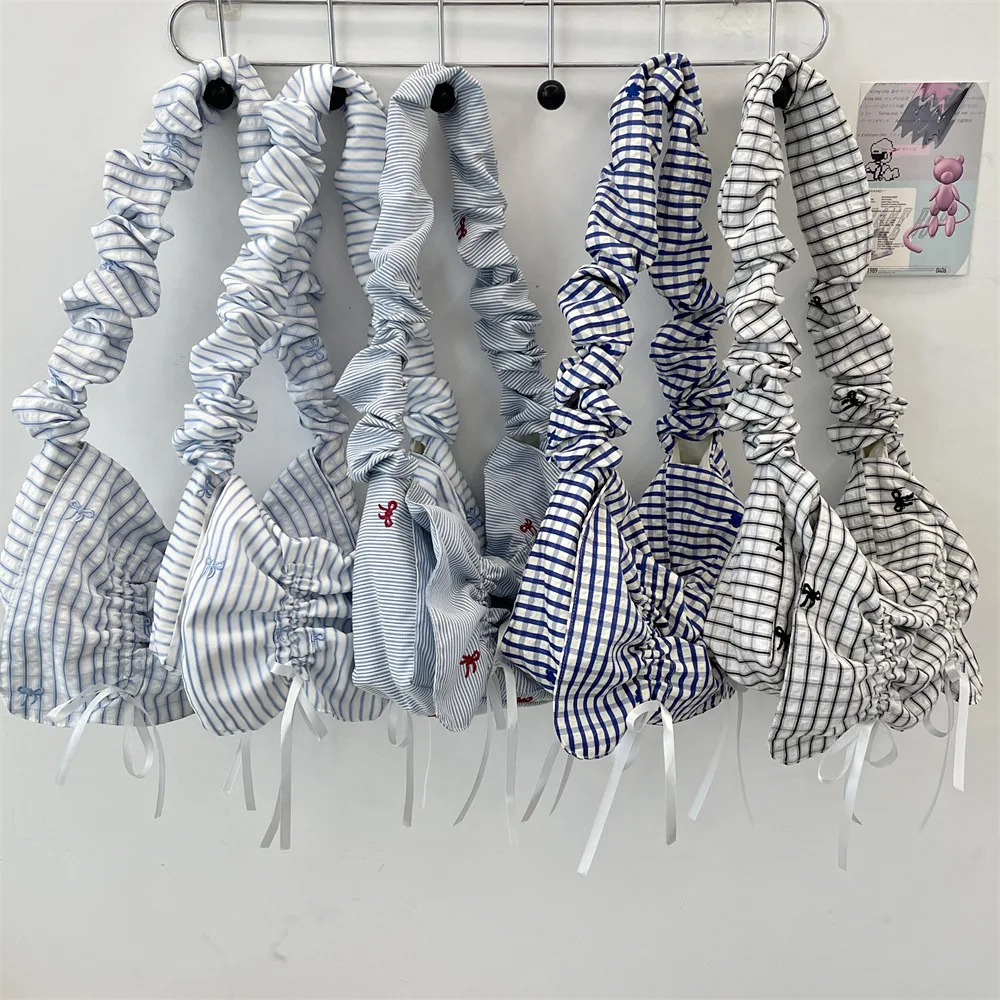 

Korean Style Pleated Flap Handbag Blue White Stripe Bow Women Large Capacity Commute Shoulder Crossbody Bag