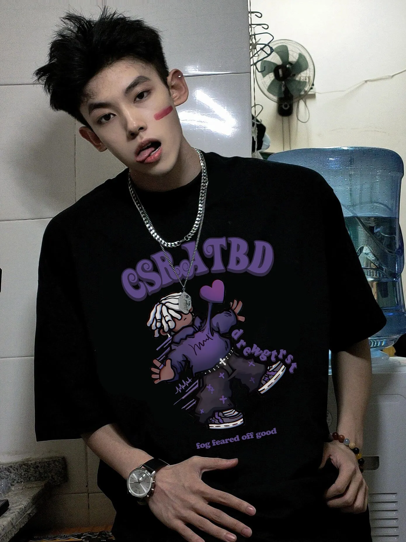 Summer New American Hip-hop Street Style Men's Cartoon Letter Print Black White Gray Khaki Blue Round Neck Short Sleeve T-shirt