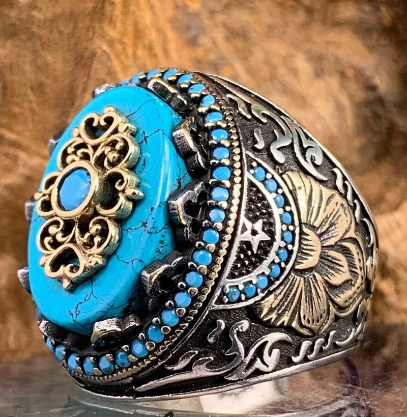 Vintage Hand Engraved Pattern Turkish Signet Ring for Men Fashion Set Green Stone Seal Islamic Muslim Jewelry