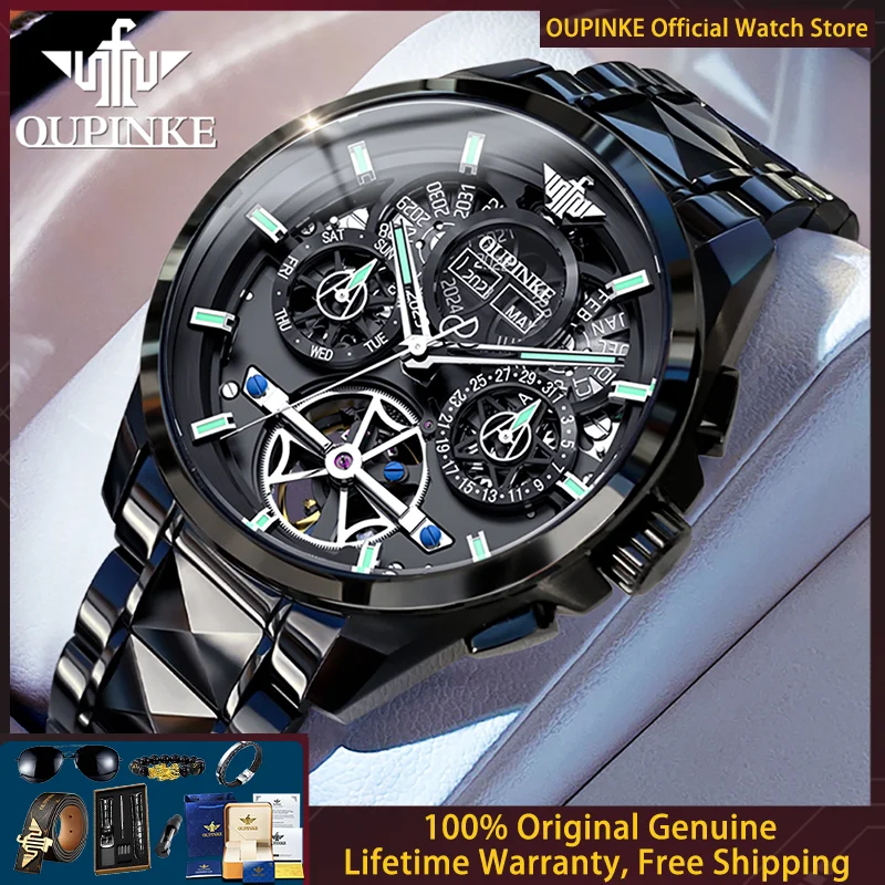 OUPINKE 3233 Men Watch Black Skeleton Flywheel Trendy Men's Fully Automatic Mechanical Watch Multi functional Business Men Watch
