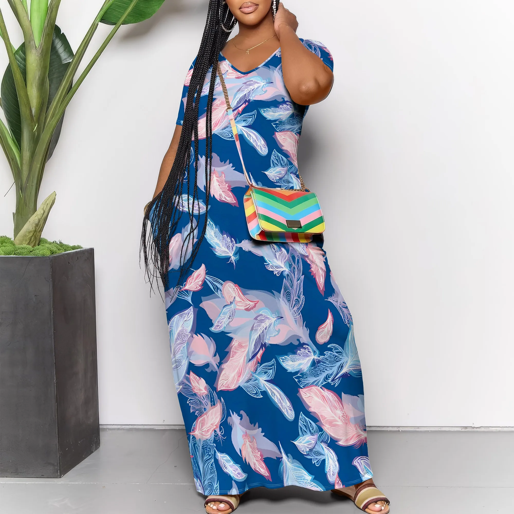 

Blue Feather Print V Neck Maxi Dress for Women Summer Loose Casual Holiday Wear