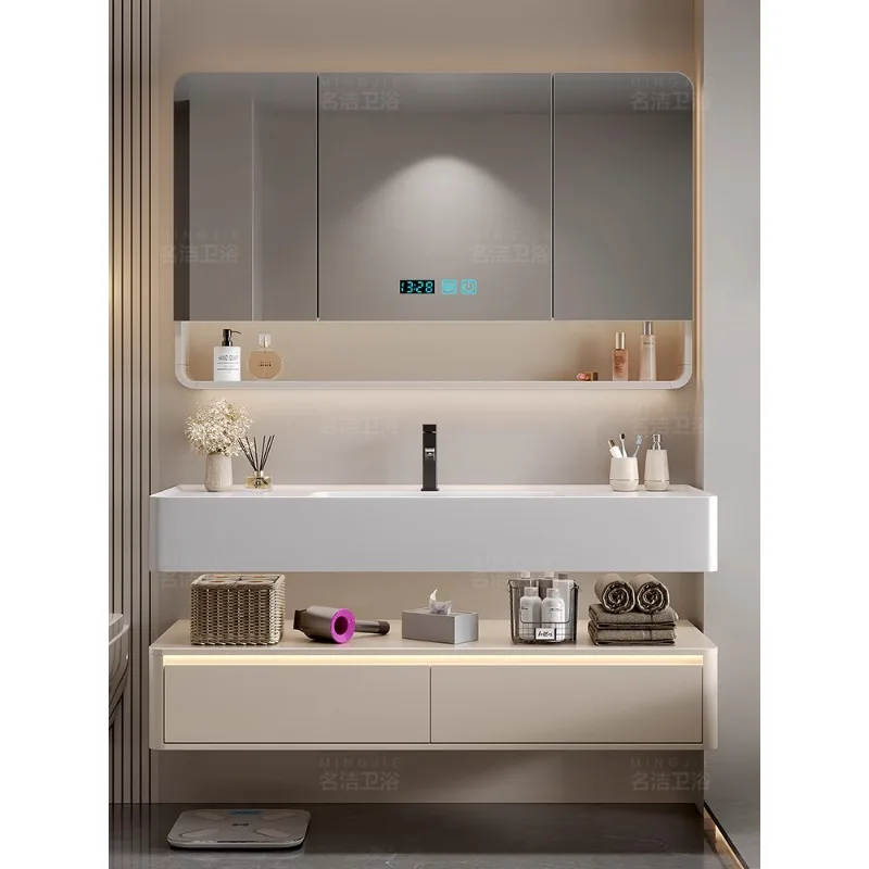 

Bathroom Cabinet Integrated Basin Intelligent Light Luxury Toilet Wash Table Cream Wind Hand Washbasin Cabinet Combination