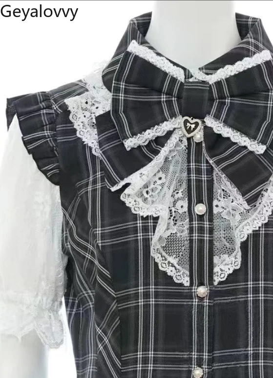 

SC Suit Japanese Mine Mass-Produced Lace Bow Cute Sweet Waist Slimming Puff Short Sleeve Shirt Dress and Shorts Two-Piece Set