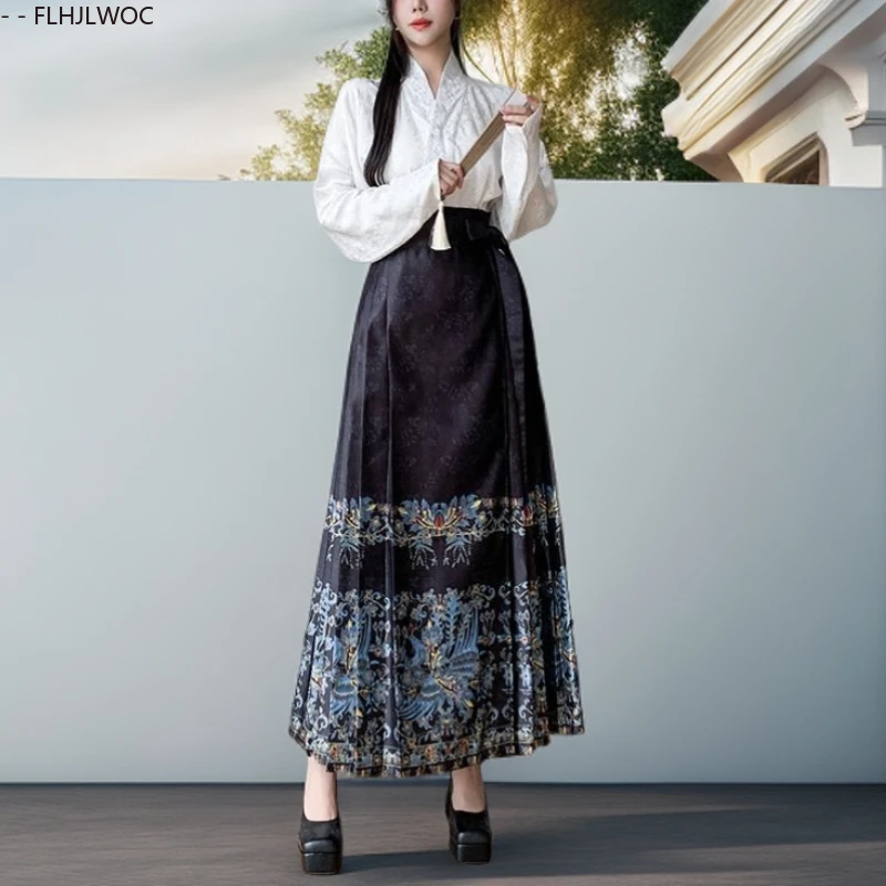 Stunning Traditional Chinese Style Lace-Up Bow Tie Skirts Floral Print Engagement Ceremony Retro Vintage Long Pleated Skirts