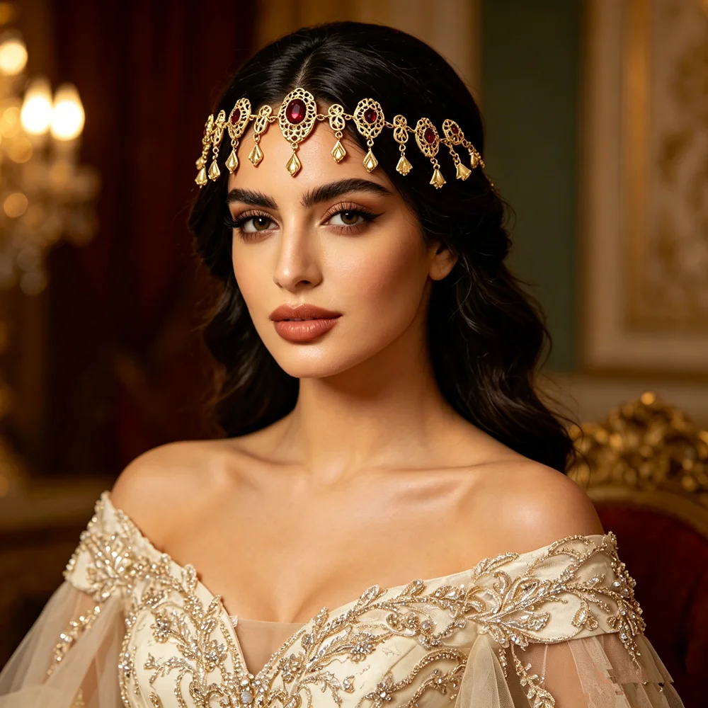 Middle Eastern Inspired Golden Head Chain Crystals Dangling Charms Bridal Festival Head Fine Jewelry