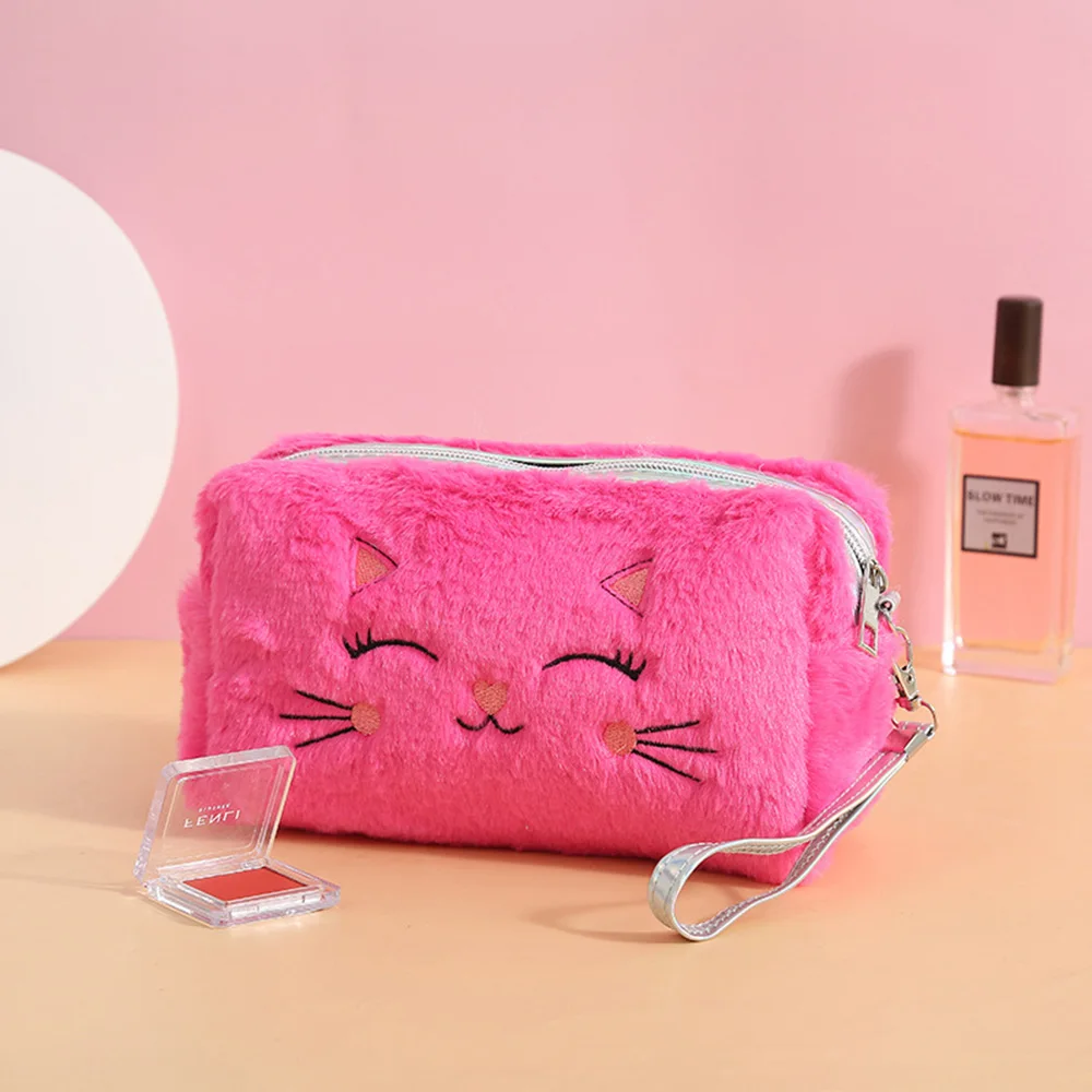 Cartoon Plush Cat Cosmetic Bag Gradient Color Makeup Bag Beauty Case Travel Large Family Clutter Toiletry Storage Pouch