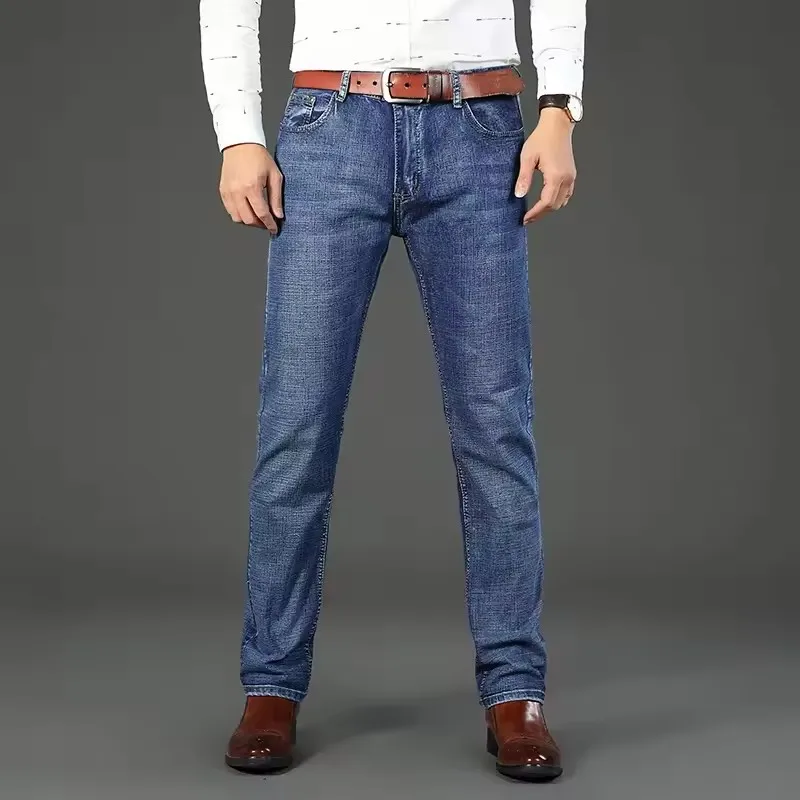 Jeans Elit Bisnis Hitam dan Biru Set 2 Potong Musim Semi Musim Gugur 2025 Celana Denim Berkualitas Tinggi Multicraft Kaki Lurus Elastis Mikro