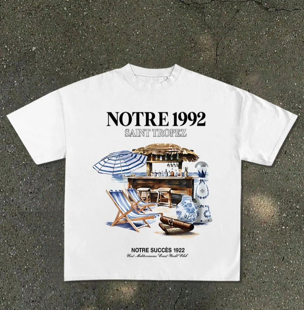 Camiseta de playa francesa Saint Tropez 1992 para hombre - Camiseta blanca de verano con letras NOTRE 1992 y SAINT TRO, camiseta informal